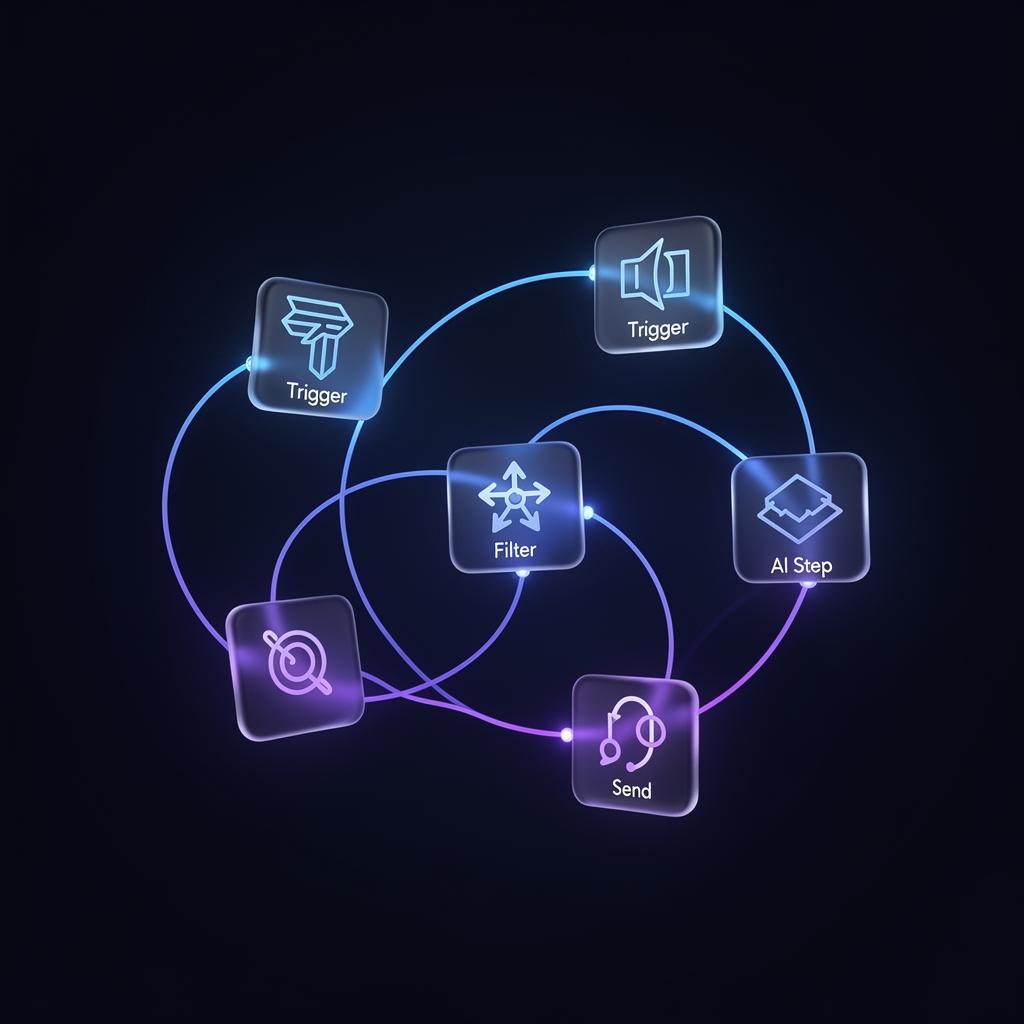 Visual workflow editor showing trigger, filter, AI step, and send nodes connected by glowing lines, used to compare n8n vs Zapier builder experience